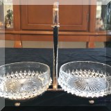 G32. Two cut glass dishes in metal stand.  